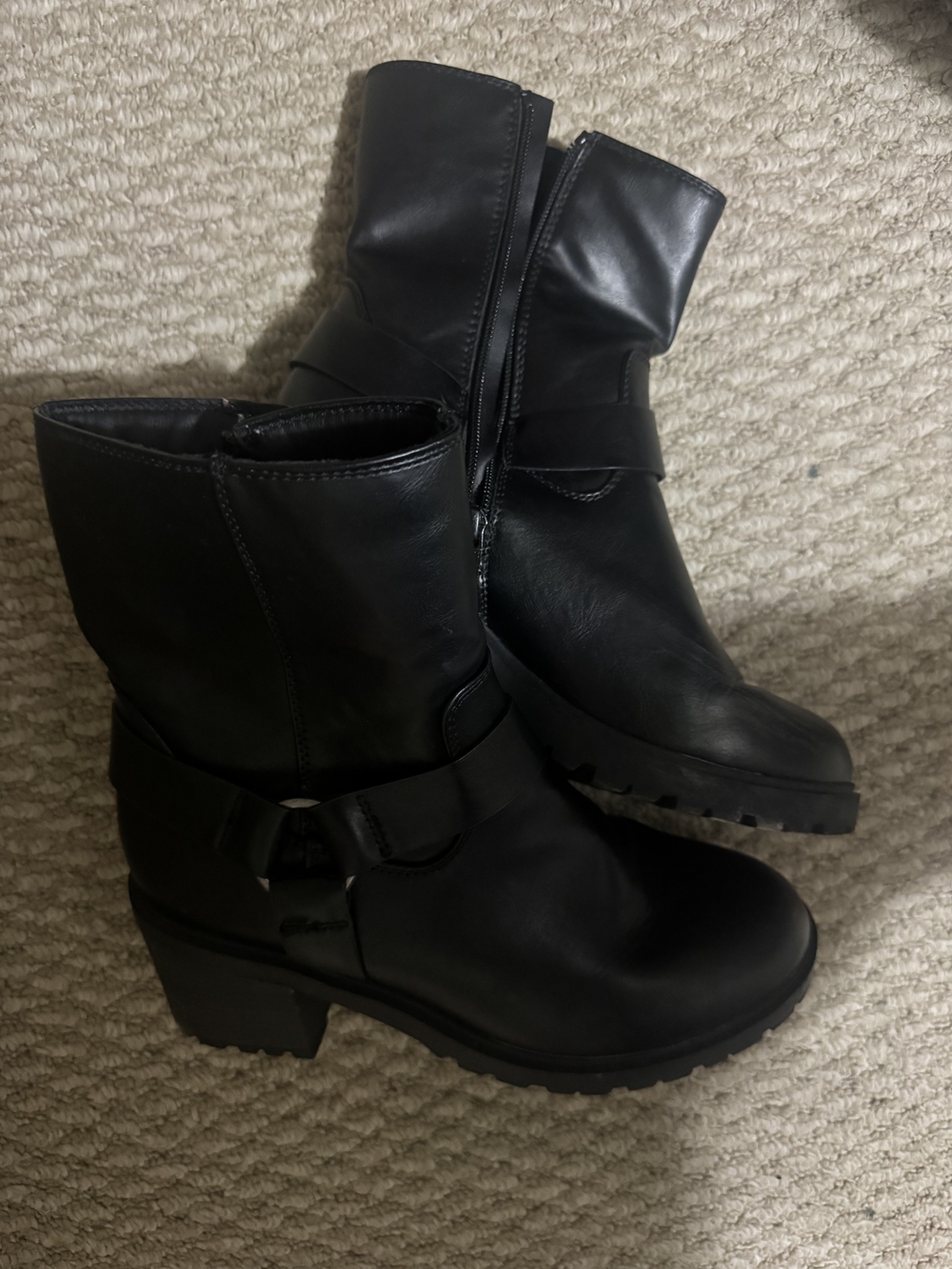 Women's Black Mid-Calf Leather Buckle Boots